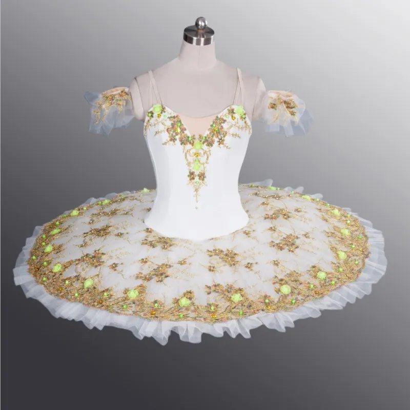 

Professional Custom Size Kids Girls White Gold Performance Wear Ballet Pancake Tutu