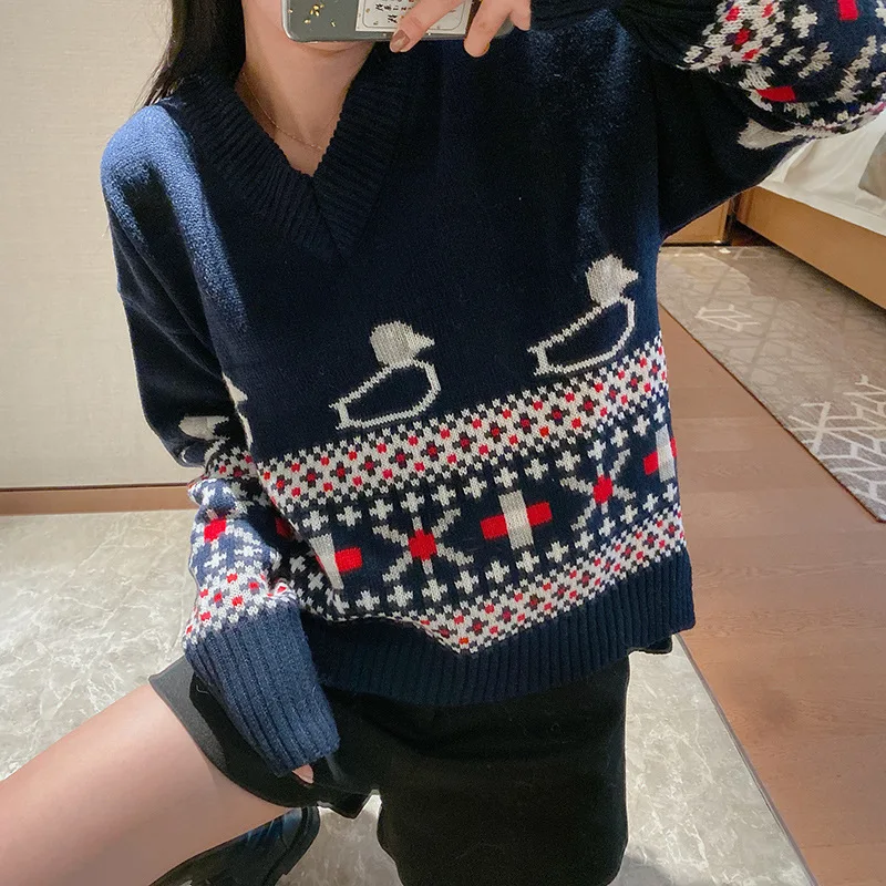 

High Quality Korean Style TB Vintage Preppy Duckling Jacquard Sweater Autumn/winter Slit V-neck Wool Pullover Knit
