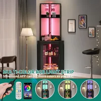 Corner Wine Cabinet with Power Outlets & LED Lights, Corner Bar Cabinet with Glass Holder, Liquor Bar Rack Cabinet for 3