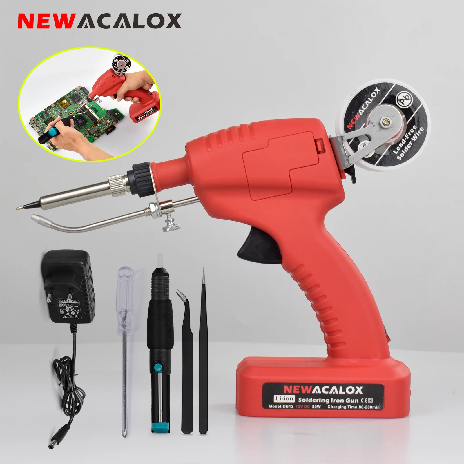 NEWACALOX 80W Rechargeable Soldering Iron DC 12V  Welding Station Solder Gun Automatic Send Tin Gun for PCB Repair Burning Wood 28pcs 60w wood burning kit carving pyrography pen kit adjustable temperature soldering iron welding wood embossing