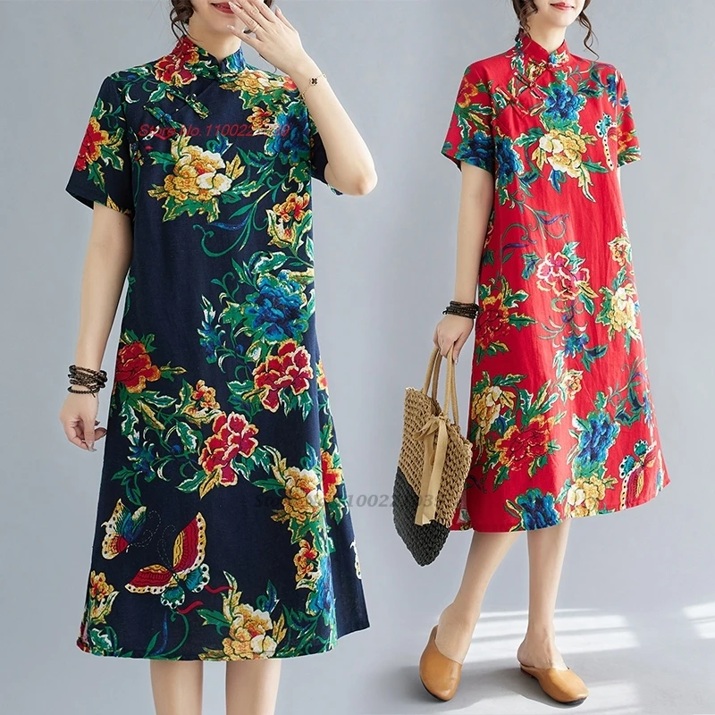 

2024 chinese improved qipao women ethnic dress national flower print cotton linen dress oriental a-line cheongsam folk dress