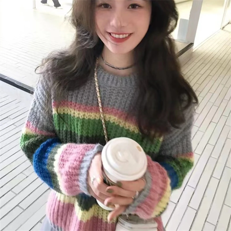 Women Knitted Sweater Long Sleeved Rainbow Striped Pullover