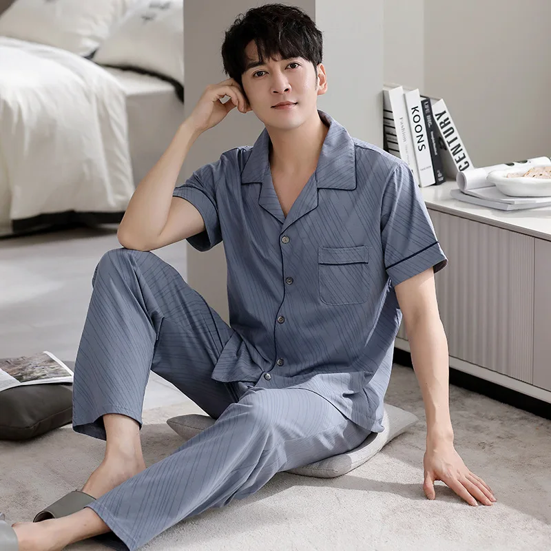 Summer Men's Thin Pure Cotton Pajamas Lapel Short Sleeve Cardigan Pants Home Clothing Set Loose Fitting Casual Sleepwear
