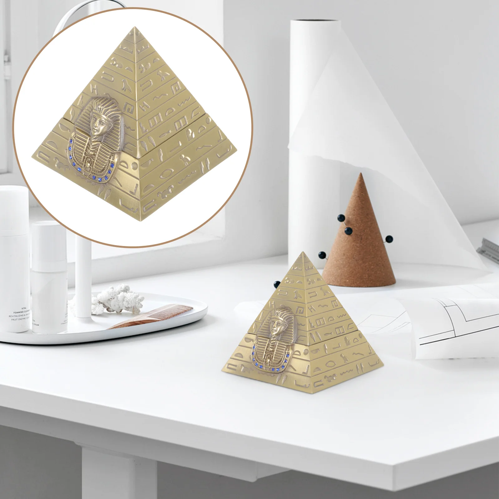 

Jewelry Storage Holder Desktop Pyramid Figurine Gift Shaped Container Sculpture Metal Egyptian Decoration