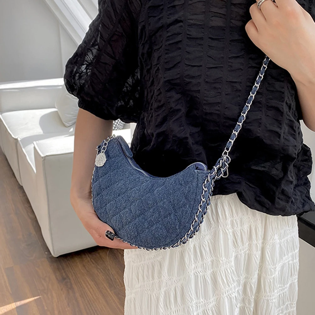 Brand Designer Denim Plaid Quilted Women's Shoulder Bag Casual Chains Half  Moon Crossbody Bag Ladies Handbag 2023 Trend Clutch