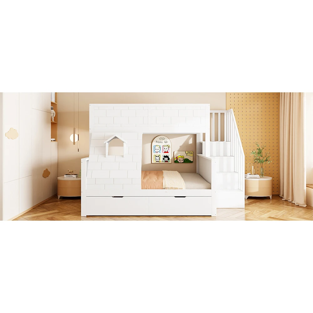 90x200cm Kinder-Etagenbett, Kinderbett mit Sicherheitsleiter, Schubladen und Fenstern; Oberbett 90*200cm, Unterbett 140*200cm, ohne Matratze – Detail 9