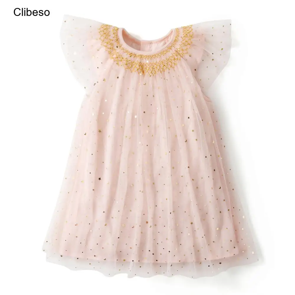 

Clibeso Sequins Baby Girls Flying Sleeves Dress Children Embroidered Smocked Dresses Clothing Elegant 1st Birthday Party Clothes