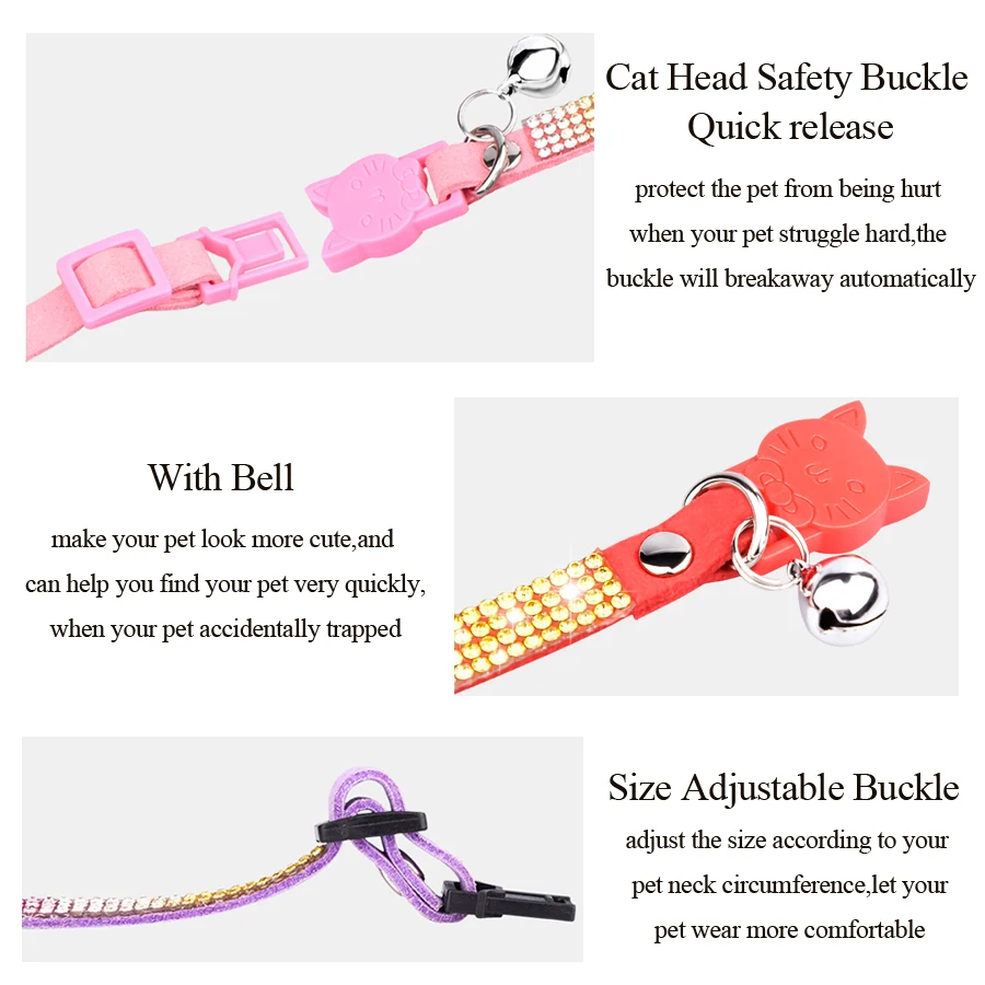 Small Cat Collar Rhinestone Breakaway Shiny Pet Goats Necklace Collier Chain Quick Release Safety Soft Suede Luxury for Kitten 5