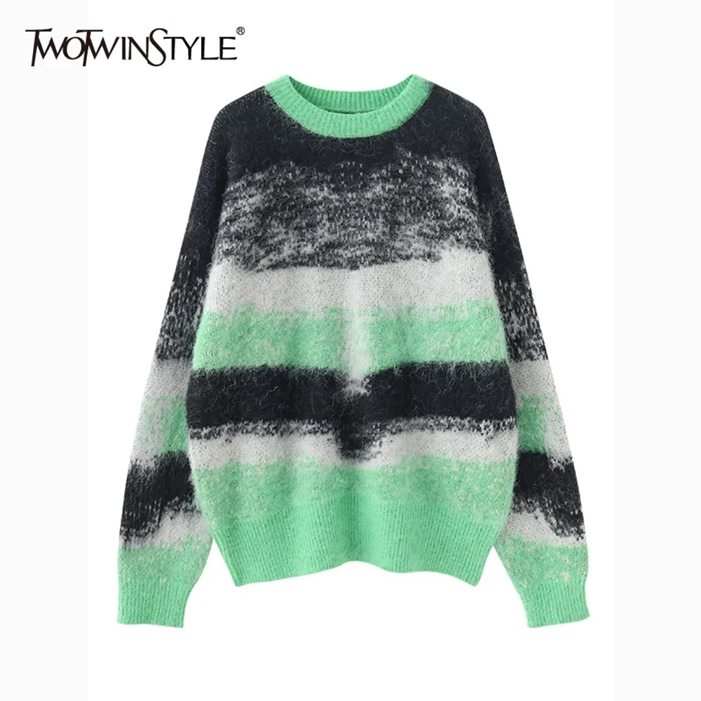 

TWOTWINSTYLE Hit Color Sweaters For Women Round Neck Long Sleeve Pullover Knitting Autumn Loose Sweater Female Fashion Clothes
