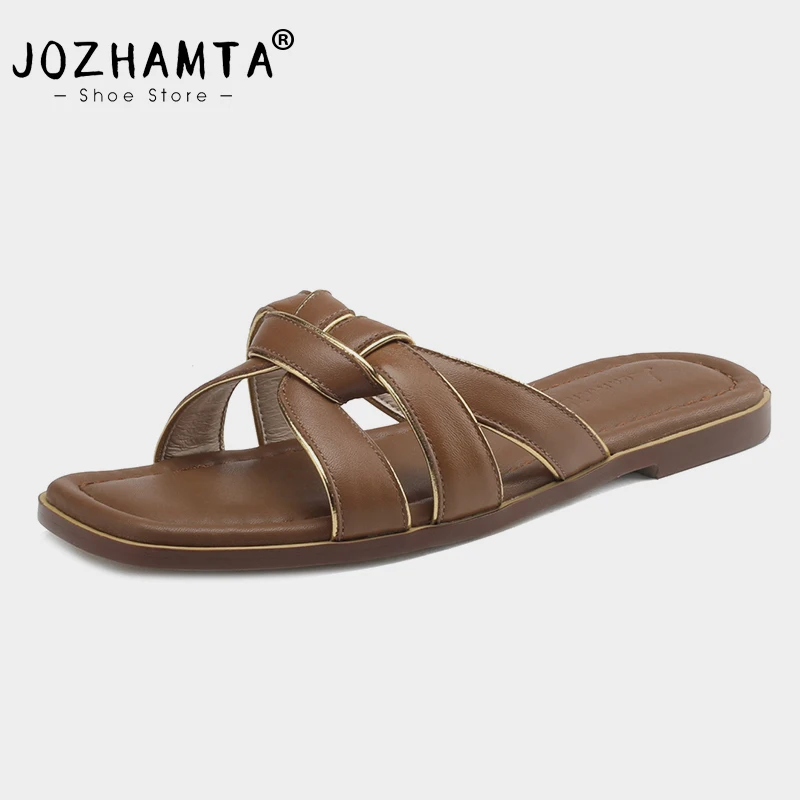 

JOZHAMTA Size 34-43 Women Flats Slippers Genuine Leather Low Heels Summer Shoes For Women 2023 Brand Sandals Casual Home Slides