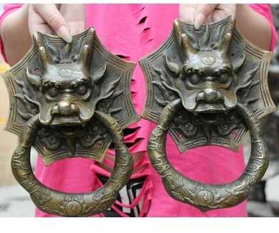 

Copper Brass CHINESE crafts decor Asian voge joya 10 " Chinese cobre templo Guardion estatua Dragon Head puerta aldaba par