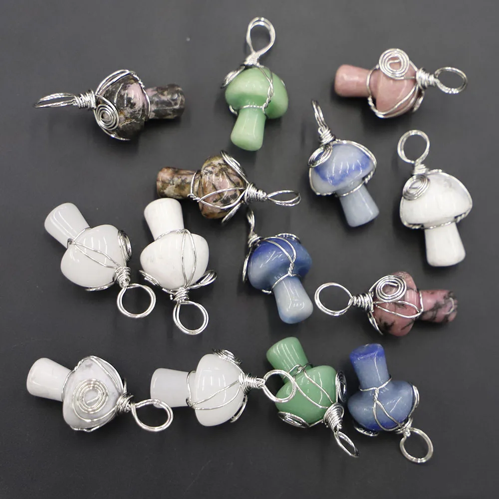 Natural Stone Silver Color Metal Pendants Winding Braid Multicolor Mushroom Necklace Reiki Charms DIY Making Jewelry Gifts 12Pcs