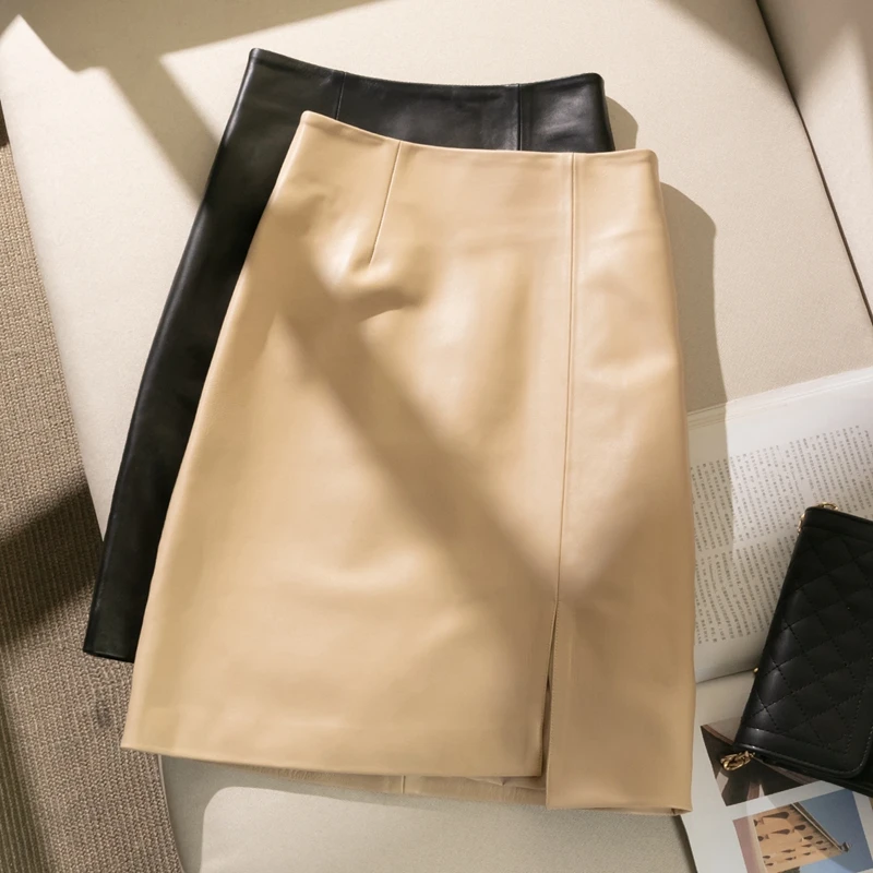 Genuine Leather Half Length Skirt A-line Wrap Buttocks Mid Length Slit High Waist Slimming Sexy Women Sheepskin Apricot Color