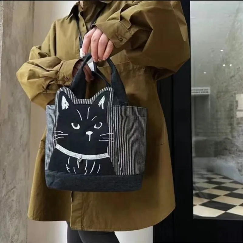 JIAERDI Japanese Embroidered Cartoon Black Cat Handbag Women Cute Stripe Large Capacity Shoulder Bag Ladies Casual Tote Bag 2025