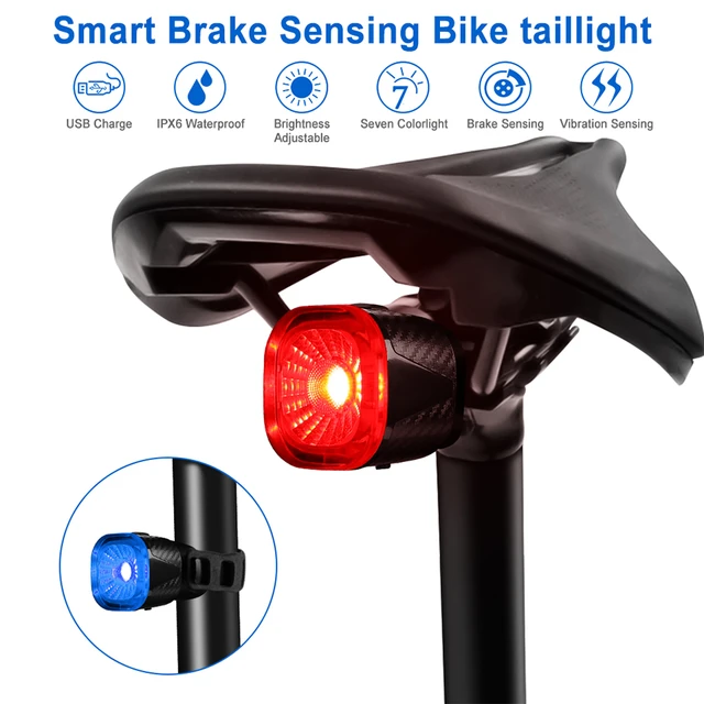 Luz trasera de bicicleta inteligente con detección de freno, luz trasera  LED para bicicleta, recargable por USB, encendido y apagado automático, se