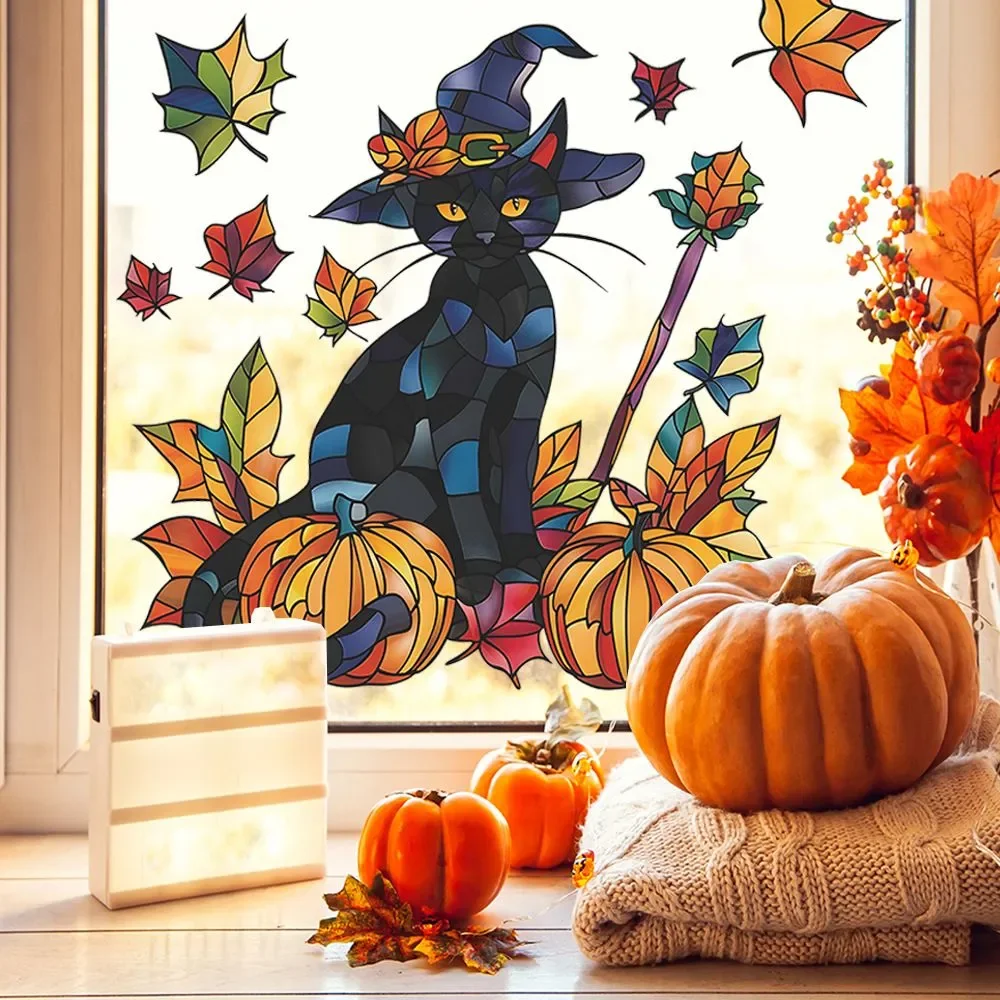 Halloween Cartoon Black Cat Pumpkin Maple Leaf Window Cling Stickers Static Cling Decoration 38x38cm