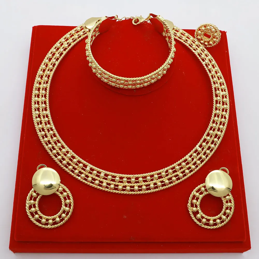 Luxury Jewelry Sets for Women 24K Original Brazilian Gold Plated Cutout Round Necklace Drop Earring Bracelet