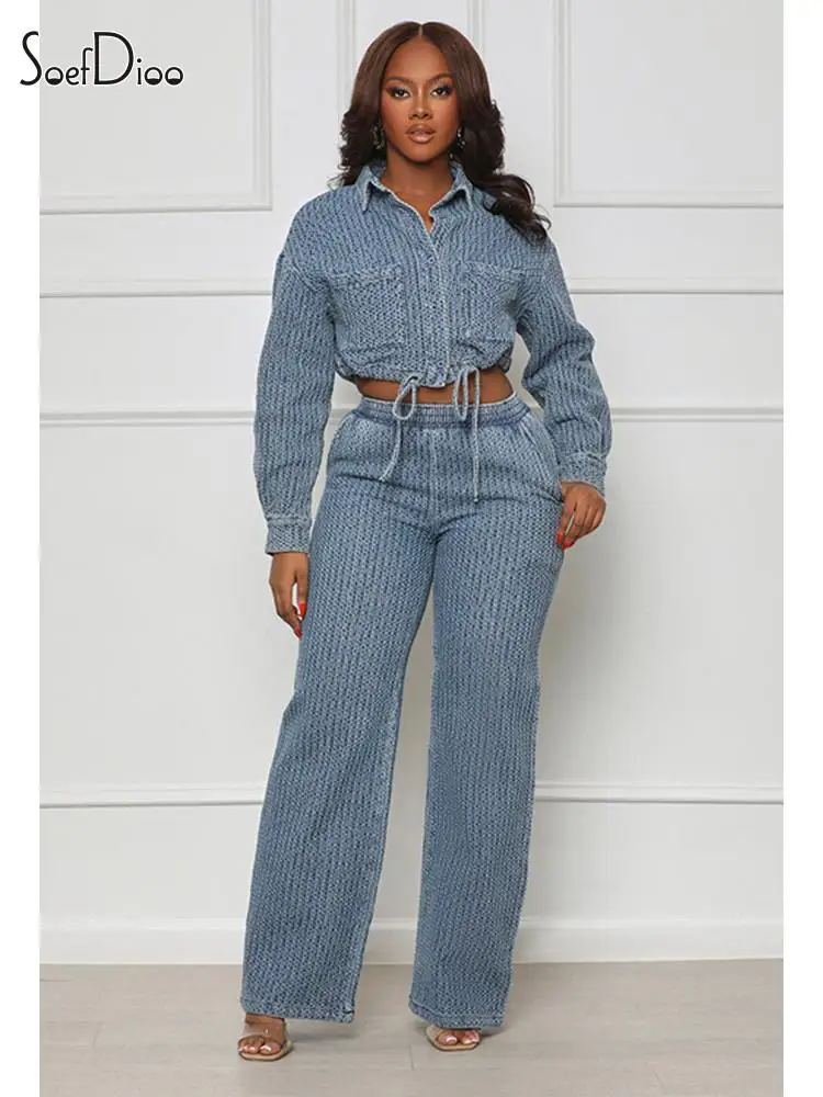 

Soefdioo Casual Denim Women' S Set Long Sleeve Crop Jackets and Wide Leg Pants 2024 Spring Fashion Matched Two Piece Set Outfits