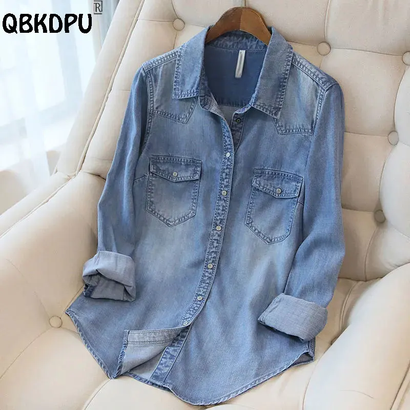 Classical Wash Short Denim Shirts Women 2023 Spring Polo Collar Basic Soft Thin Jean Blouses Casual Pocket Work Blusas Lady spring 2023 new jeans men s d2 jeans slim fitting micro spring wash dark blue lettering tide tide stitching fashion a601