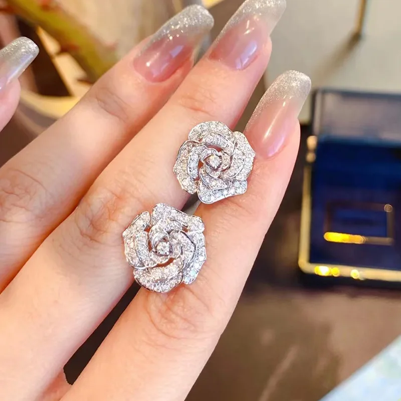Full Diamond Heavy Industry Camellia Flower 925 Pure Silver Earrings with Solid  Zircon Quality