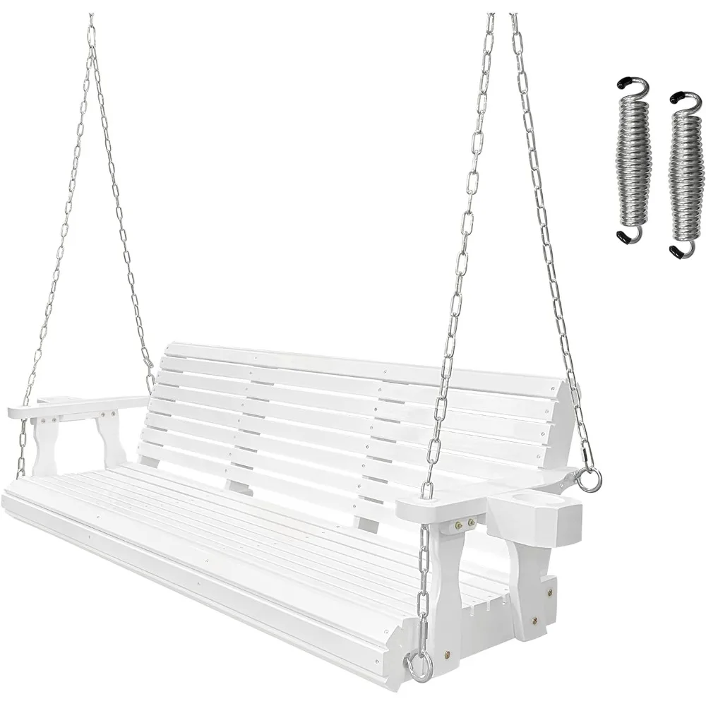 Wooden Porch Swing 3-Seater, Bench Swing with Cupholders, Hanging Chains and 7mm Springs, Heavy Duty 800 LBS