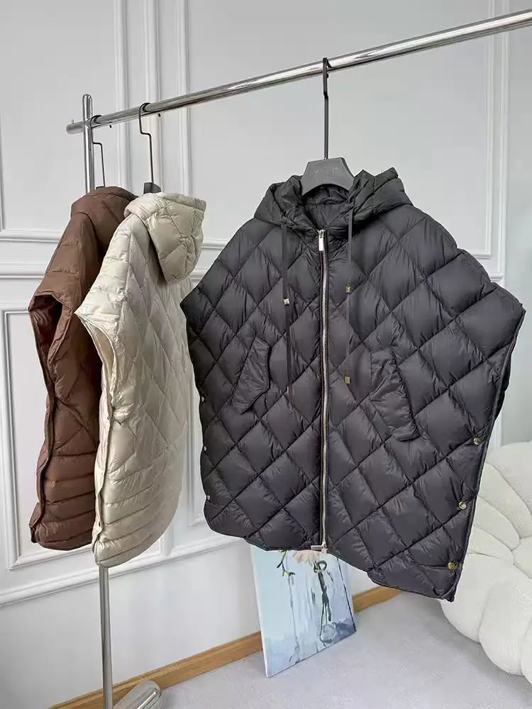 Winter Bat Sleeve Puffer Down Waistcoat Grid Loose Warm Fashion Hooded Sleeveless Coat 90% White Duck Down Streetwear Oversized