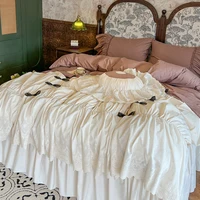 100% Cotton Vintage French Pleated Lace Ruffles Bow Princess Bedding Set Duvet Cover Set Bed Skirt Bedspread Pillowcases