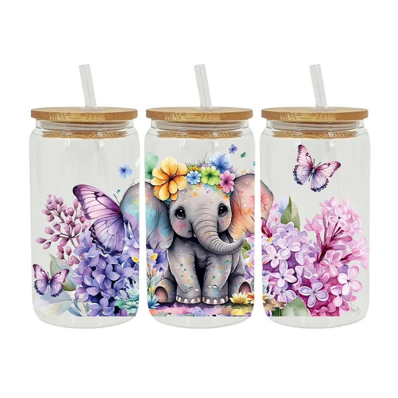 UV DTF Elephants peacocks horses Transfer Happy Juice Printed Sticker 16oz Libbey Glasses Wraps Bottles D14139