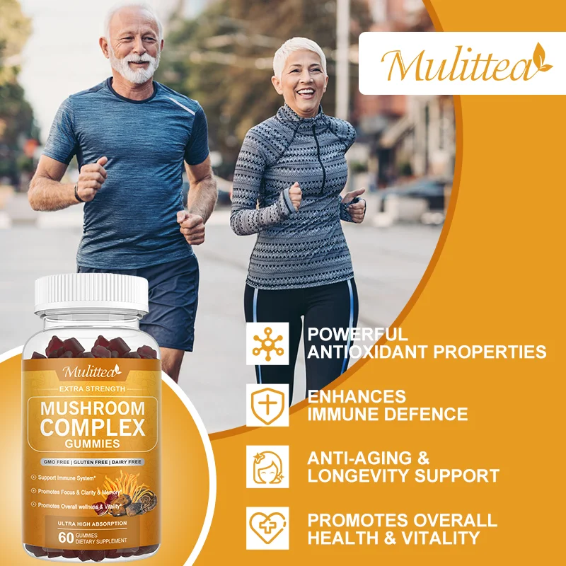 Mulittea Lion's Mane Mushroom Complex Gummies with Chaga Reishi Cordyceps for Focus Memory Relief Stress Better Mood