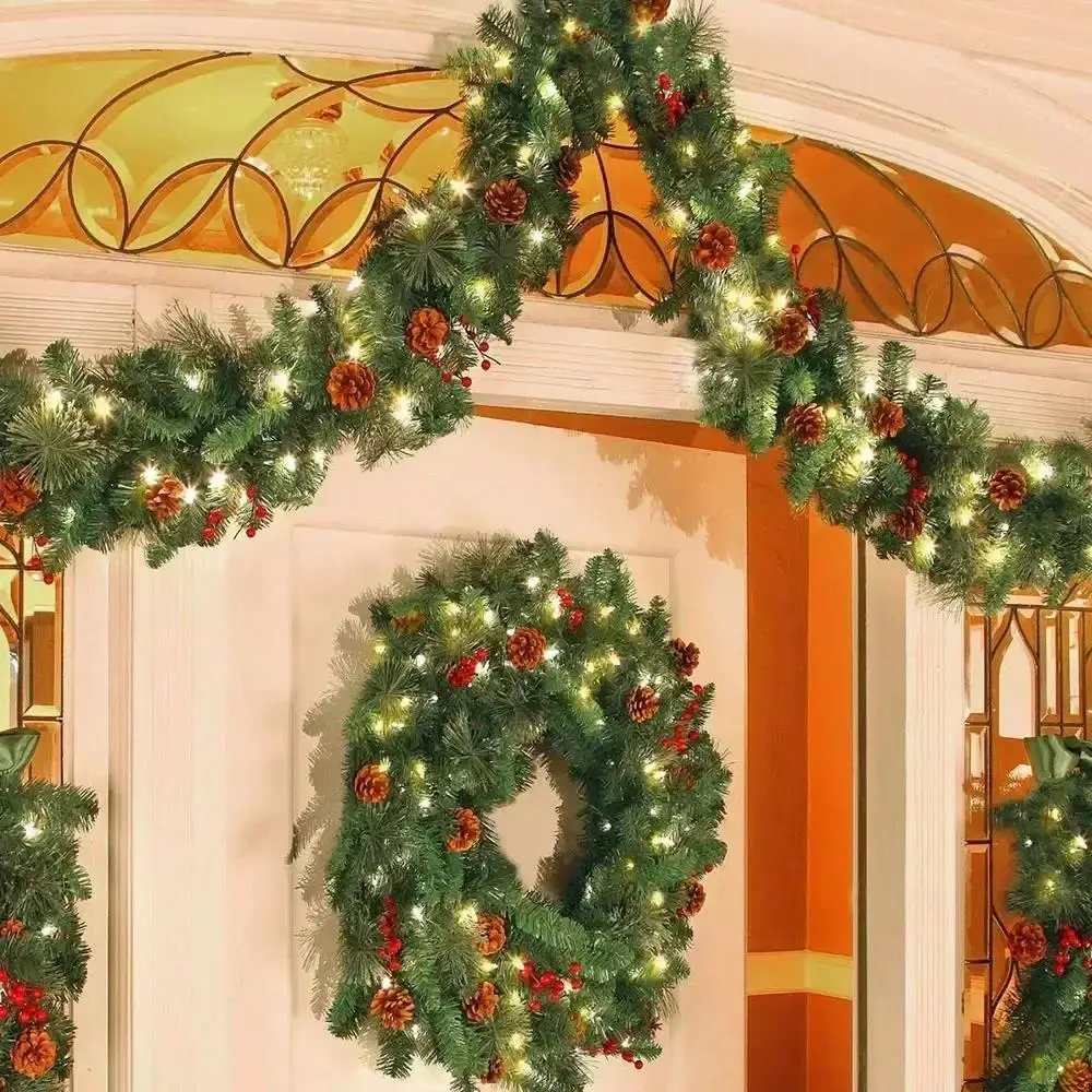 

Christmas Garlands Christmas Wreaths with Pinecones Red Berries Xmas Party Fireplaces Stairs Front Door 2024 New Year Decoration