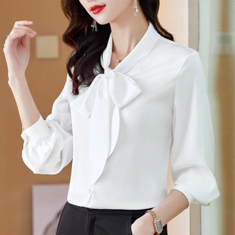 White Chiffon Ribbon Formal Shirts for Women for Women - Elegant V-Neck Pullover Top with Long Sleeves, Bow Detail, and Loose Fit