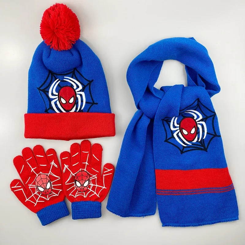 Disney Spiderman Kids Hat Scarf Gloves Three-piece Set Boys Lovely Knitted Woollen Hats Baby Wool Hat Scarf Kawaii Thick Hats kids hat set