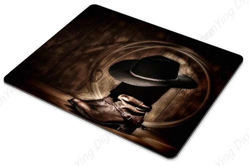 미국 서양 카우보이 마우스 패드, 전통적인 검은 펠트 모자 착용 가죽 작업 목장 로프 부츠, 게임 마우스 패드