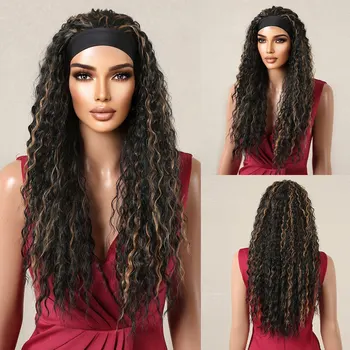 Long Afro Curly Headband Wigs Black Golden Highlight Deep Wavy Synthetic Headband Wigs Bohemian Hair for Women Daily Party Use