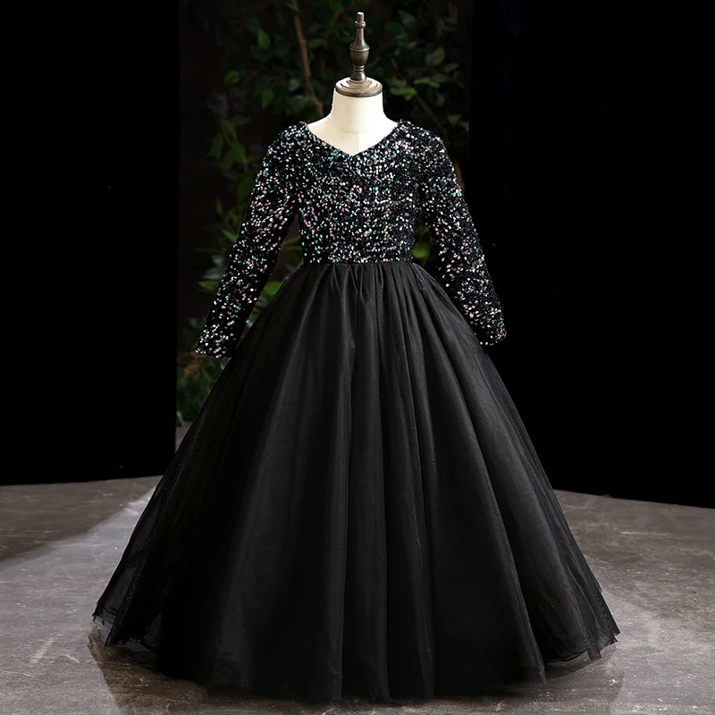

Evening Dress Black Fashion Sequins V-Neck Pleat Ball Gown Empire Full Sleeves Floor-Length New Party Flower Girl Dresses B1793