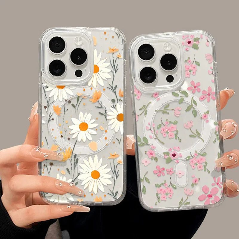 Für Samsung S26 Ultra S25 S24 S23 S22 Hülle Blumenmuster Magsafe Magnetische Hülle A57 A56 A55 A54 A36 A35 A26 A17 A16 A07 A06 Transparente Abdeckung