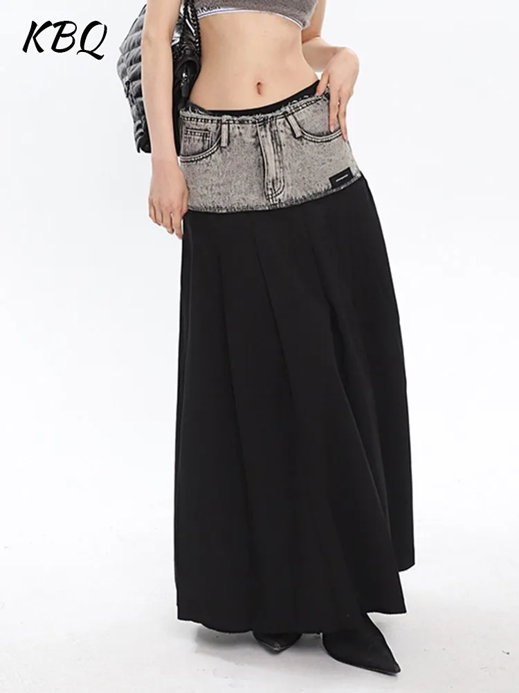 

KBQ Colorblock Patchwork Denim Pleated Skirt For Women High Waist Spliced Pocket Tunic A Line Streetwear Skirts Female Clothing