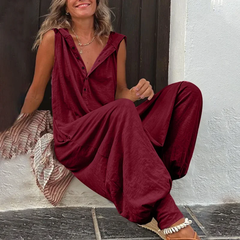 Summer Women Button Sleeveless Rompers Causal Beach Cross-pants Fashion Loose Solid Wide Leg Playsuit New Retro Hooded Jumpsuit