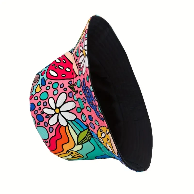 Fisherman Hat Bocca Cartoon Mushroom Bucket Hat Flower Graffiti Double Sides Panama Cap for Men Woman Outdoor Summer Beach