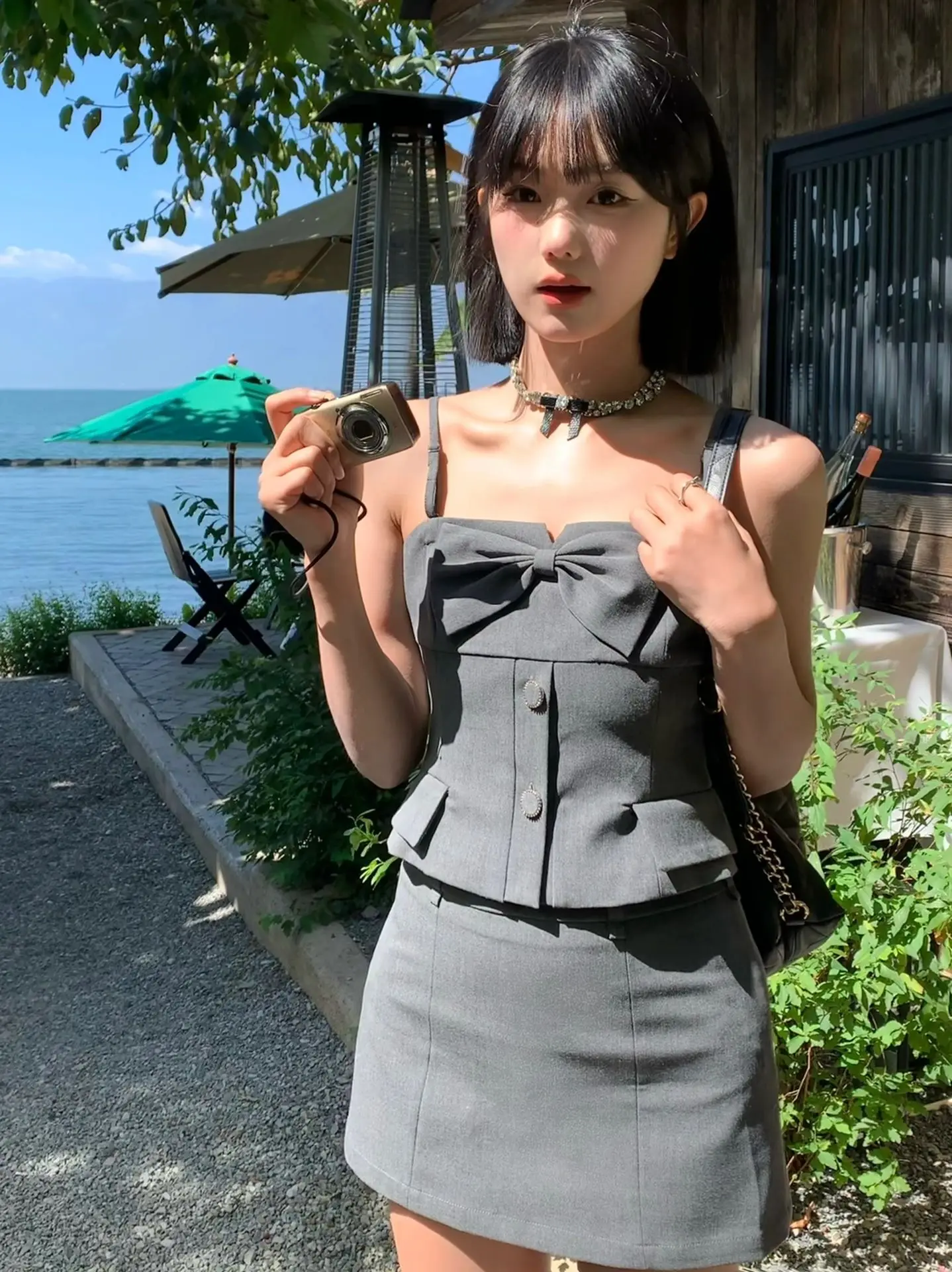 Women's Elegant Two Pieces Skirt Suit Lady Summer Chic Bowknot Camis Top + Mini Skirt Cute Slim Solid Color Skirt Set women chic double breasted slim blazers femme casual solid business suits with belt vintage office lady jackets elegant clothing