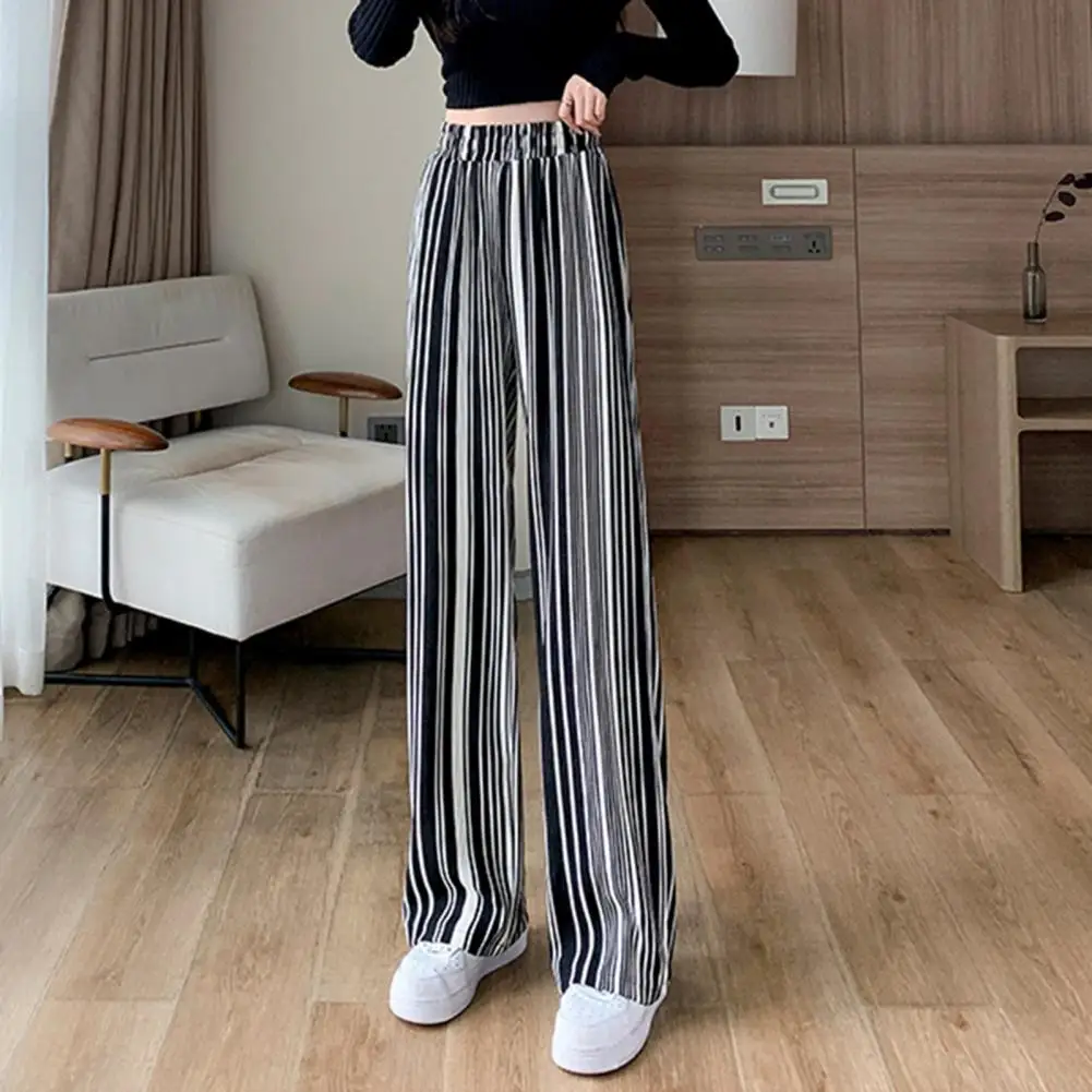 Casual Sweatpants Women Summer Striped Thin Loose Wide-leg Straight Full Length Pants Elastic High Waist Trendy Chic Lady Pants