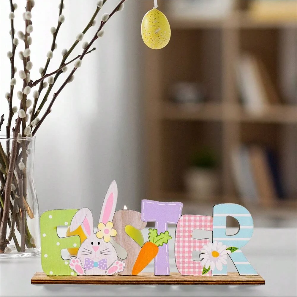 1pc Easter Decorations,Wooden Colored Letter Stand,Cartoon Rabbit Holding Egg Wooden Decor,Thematic Holiday Scenery Props
