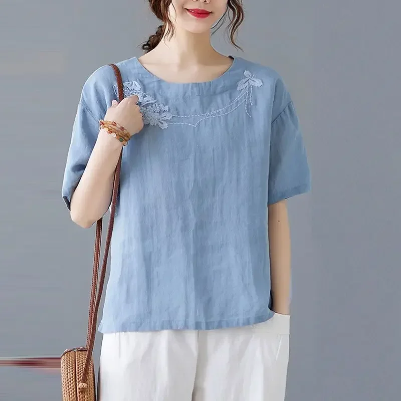 Retro Cotton Linen Embroidered Blouse Main Look