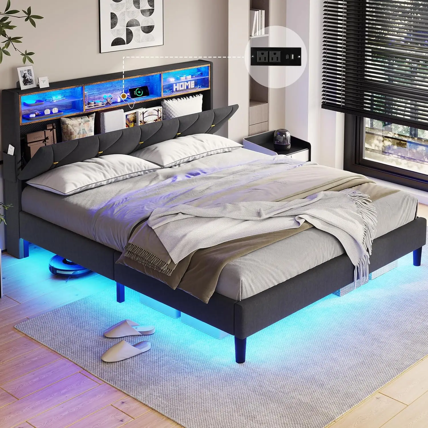 

Bed Frame with Outlets and USB Ports, LED Bed Frame Queen Size with Storage Headboard, Upholstered Platform Bed with Shelf