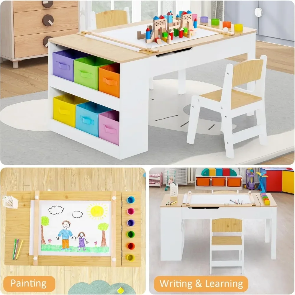 3 in 1 Kids Art Table and Chair Set, Toddler Craft Play Wood Activity Desk with 2 Chairs Storage Canvas Bins ,Children Furniture 3