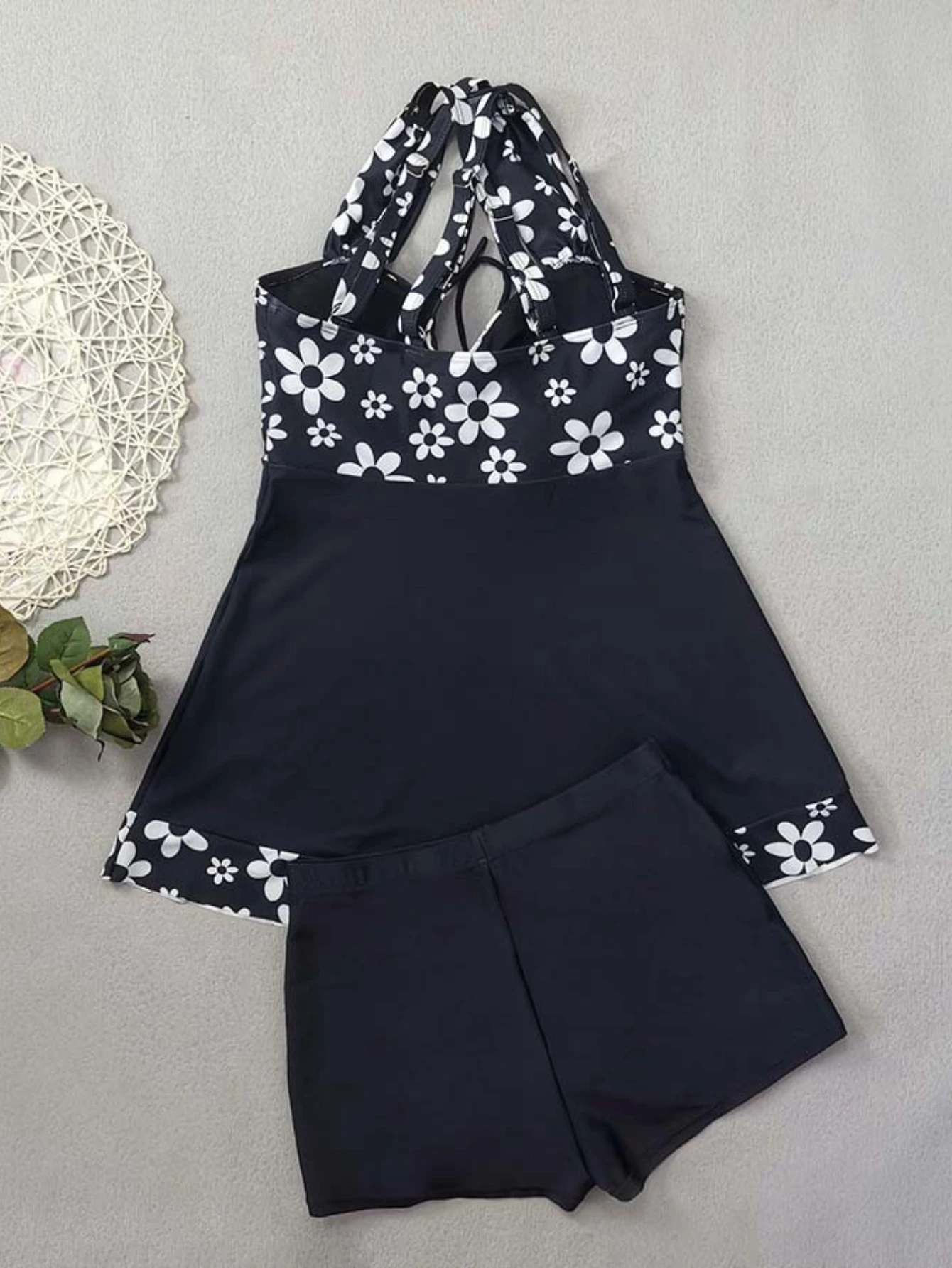 Bikini Set Women Swimwear Bikini Swimsuit Vintage Black Flower Print Skirt Bikini Set Front Bow Crop Top Bathing Suit Swimwear Women's High Waist Swimsuit Tankini
