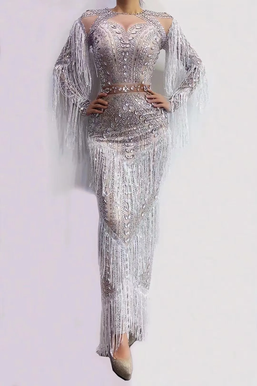

Sexy Silver Rhinestone White Fringe LongDress Birthday Wedding Celebrate PromSpandex Costume Evening Women DancerShow Dress