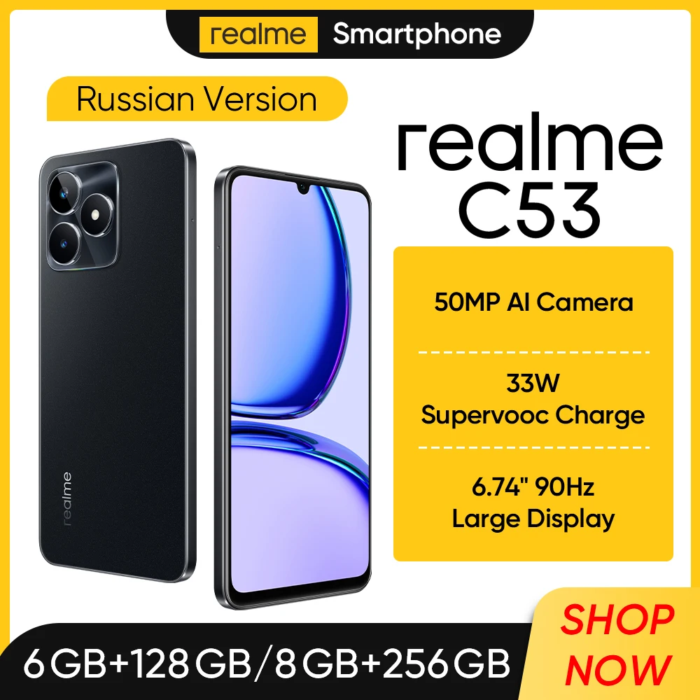 Realme 러시아 버전 C53 AI 카메라, 50MP, 33W 충전, 6.74 인치, 90Hz 디스플레이, 5000mAh 배터리 지지대, NFC 구글 플레이, OTA 업데이트