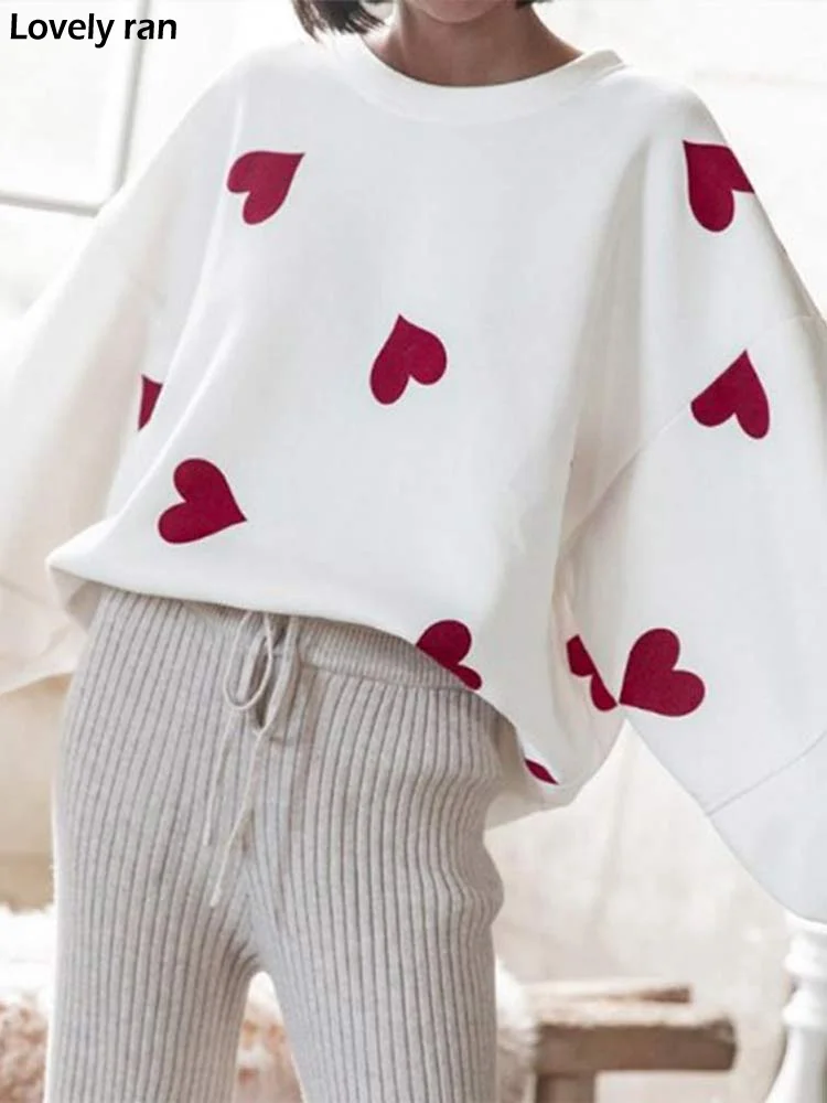 

Solid Crew Neck Love Printed Sweatshirt For Women Fashion Long Sleeve Loose Pullover 2024 Lady Chic High Street Date Tops