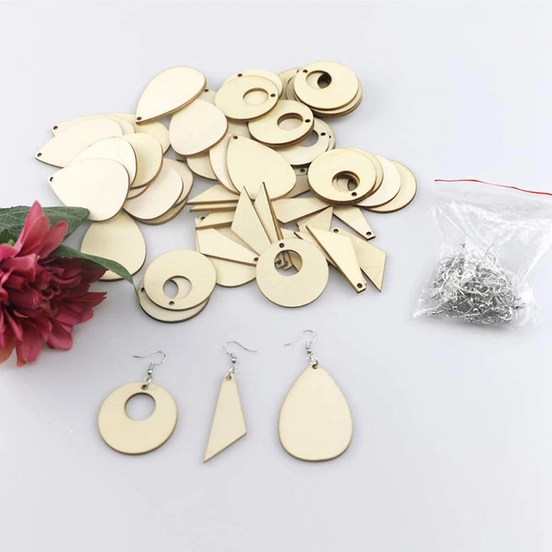 60Pcs Unfinished Wood Blank Earrings With Holes And Earrings Hooks For DIY Jewelry Making